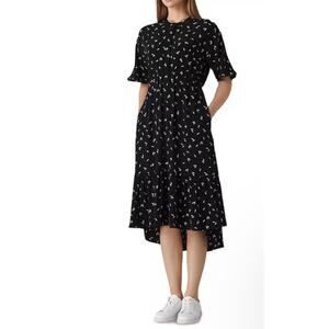 Whistles Eva Camila Print Midi Dress 2 High Low Black White Floral Shirred Waist